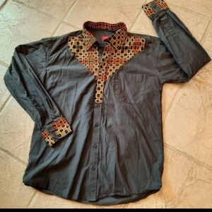 Flip Cuff Western Shirt L Wappan Charcoal geometric